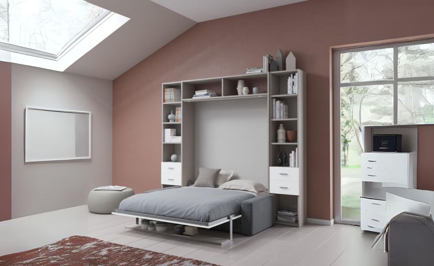 Cabrio letto a scomparsa con divano e mensola colore tiglio e bianco opaco-L272xH242-Cromo-Pannello-Matrimoniale Cabrio letto a scomparsa con divano e mensola colore tiglio e bianco opaco-L272xH242-Cromo-Pannello-Matrimoniale
