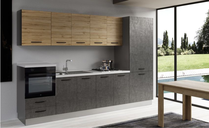 Gilda cucina 315 cm colore cemento scuro e rovere cadiz-3 elettrodomestici