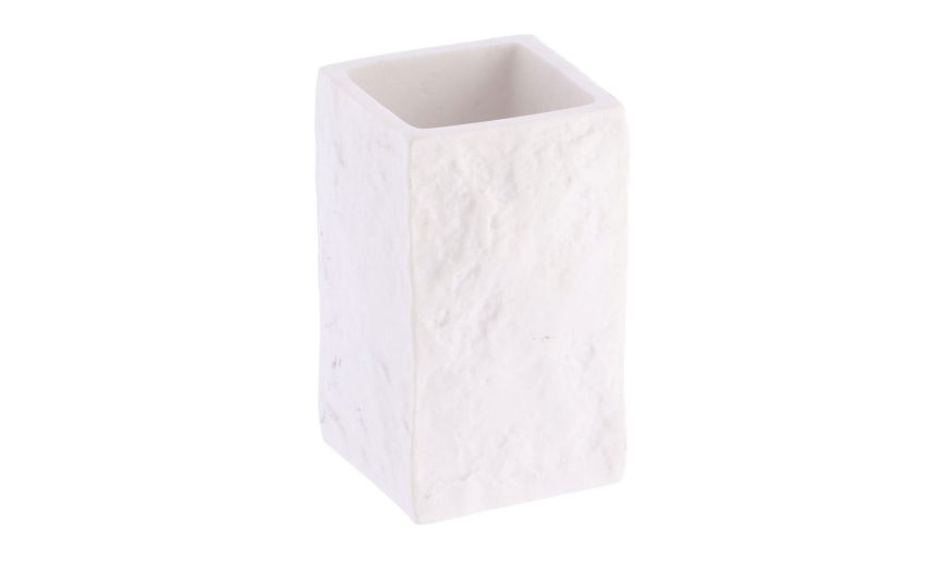 Bicchiere bagno bianco effetto pietra grezza- -Bianco-Poliresina-11 cmx6 cm