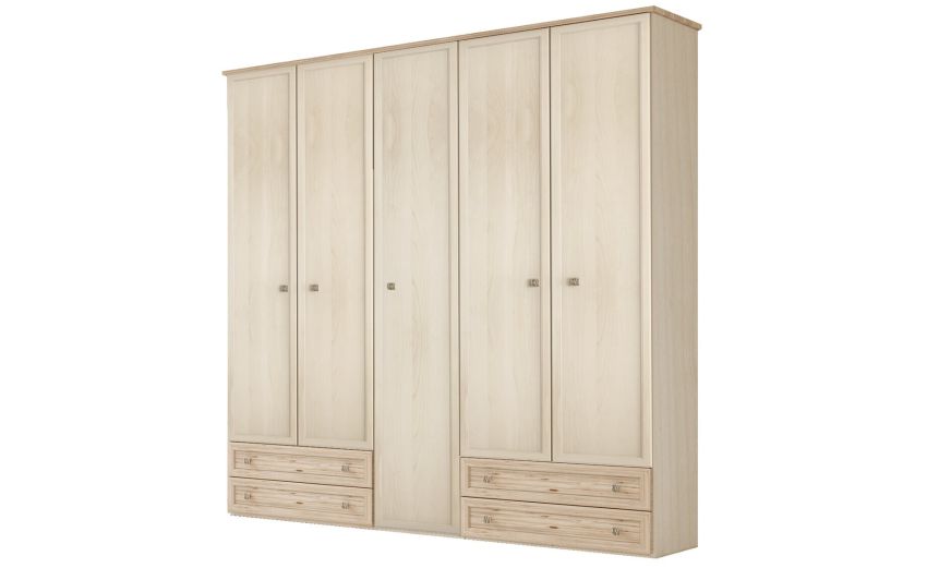 Susy armadio 5 ante battenti e 4 cassetti betulla-In pannello ecologico certificato-Legno naturale-Pannello ecologico-241 cmx216 cm Susy armadio 5 ante battenti e 4 cassetti betulla-In pannello ecologico certificato-Legno naturale-Pannello ecologico-241 cmx216 cm