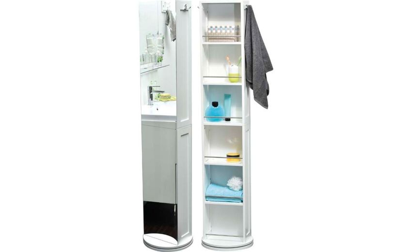 Colonna girevole bianca con specchio e 5 ripiani--Bianco-Mdf