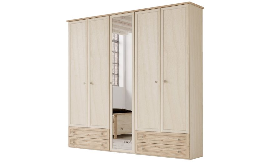 Susy armadio 5 ante battenti e 4 cassetti betulla con specchio-In pannello ecologico certificato-Legno naturale-Pannello ecologico-241 cmx216 cm