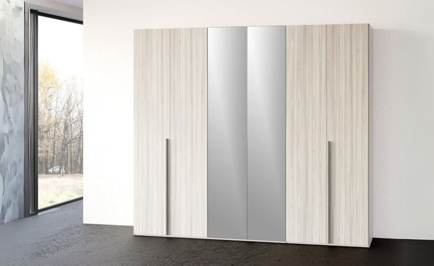Mia armadio 6 ante battenti frassino ghiaccio con specchi-In pannello nobilitato decorativo -Legno bianco-Nobilitato-238 cmx240 cm