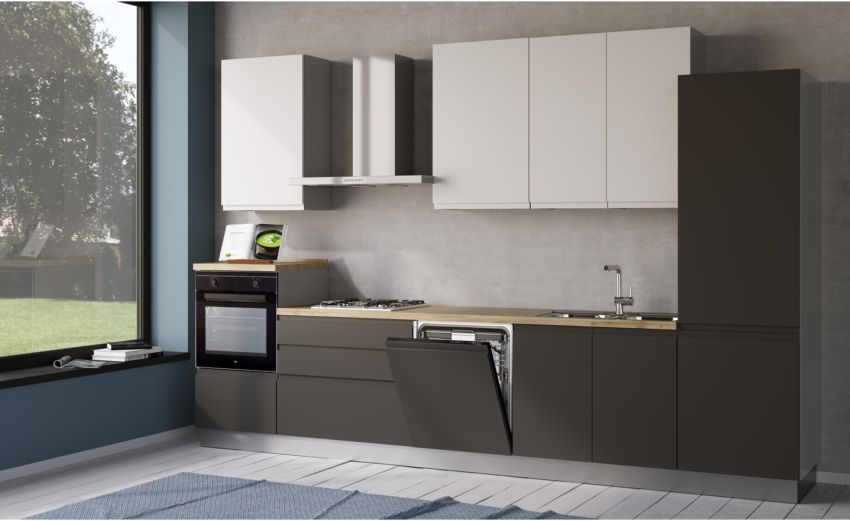 Iris cucina 360 cm colore grigio scuro e bianco opaco con lavastoviglie-4 elettrodomestici--Melaminico