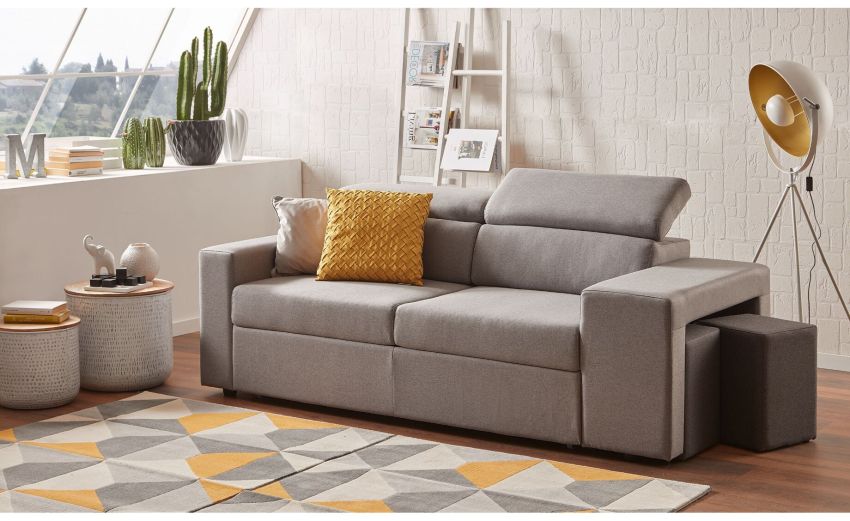 Oliver divano letto in tessuto grigio-Panchetta relax estraibile e pouf laterale-Grigio-Tessuto-102 cmx201 cm
