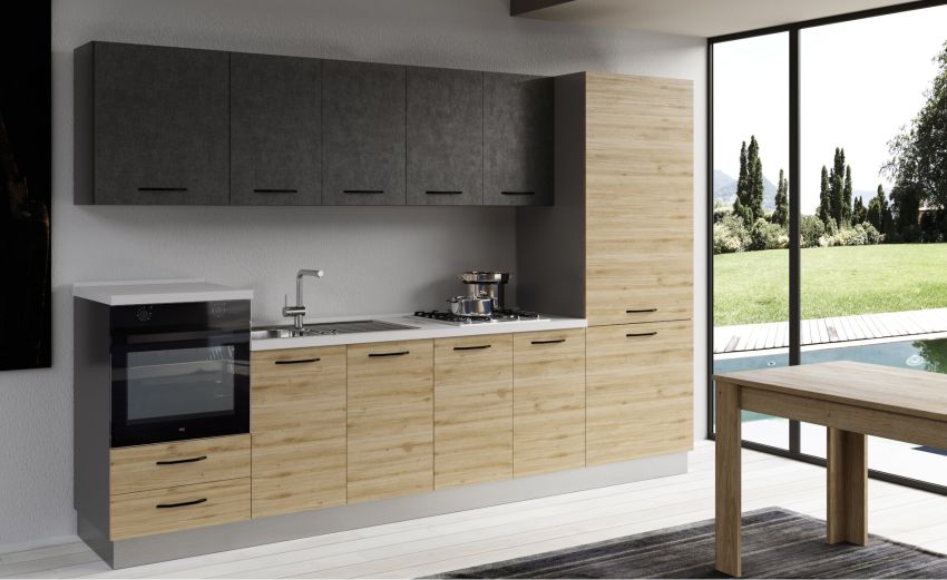 Gilda cucina 315 cm colore rovere cadiz e cemento scuro -3 elettrodomestici