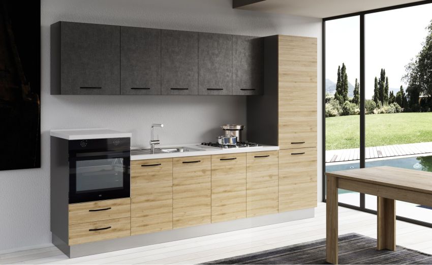 Gilda cucina 300 cm colore rovere cadiz e cemento scuro -3 elettrodomestici Gilda cucina 300 cm colore rovere cadiz e cemento scuro -3 elettrodomestici