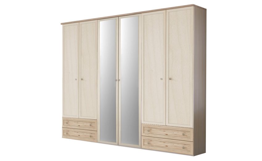 Susy armadio 6 ante battenti e 4 cassetti betulla con specchio-In pannello ecologico certificato-Legno naturale-Pannello ecologico-241 cmx258 cm Susy armadio 6 ante battenti e 4 cassetti betulla con specchio-In pannello ecologico certificato-Legno naturale-Pannello ecologico-241 cmx258 cm