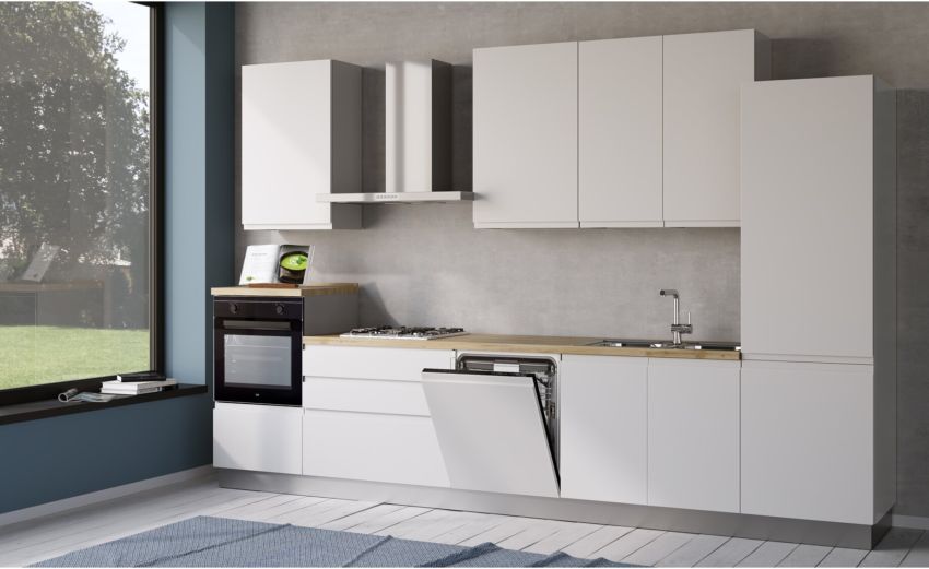 Iris cucina 360 cm colore bianco opaco con lavastoviglie-4 elettrodomestici--Melaminico