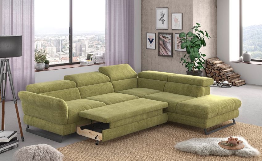 Haiti divano angolare in tessuto verde-con panchetta estraibile-Verde-Tessuto-198 x 126 cm