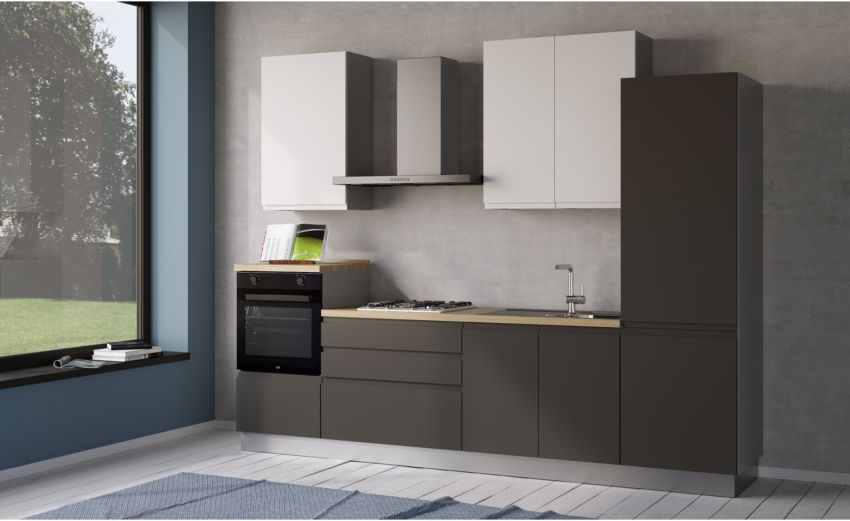 Iris cucina 300 cm colore grigio scuro e bianco opaco con frigo -3 elettrodomestici--Melaminico