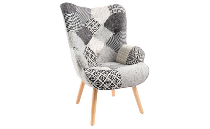 Cindy poltrona in tessuto patchwork tinte grigio-Gambe in legno---97 cmx67 cm