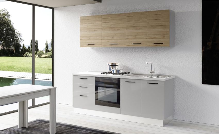 Gilda cucina 210 cm colore light grey e rovere cadiz-2 elettrodomestici-Grigio chiaro-Pannello