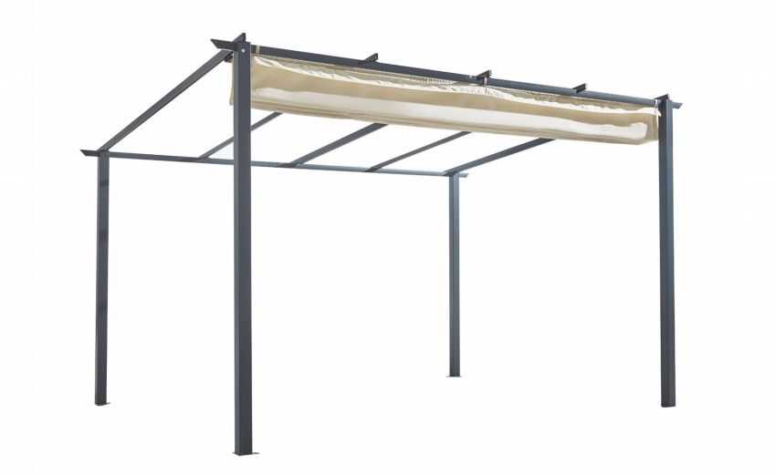 Land gazebo con copertura scorrevole ecrù-Struttura in acciaio e telo in poliestere-Tortora-Acciaio-240 cmx400 cm