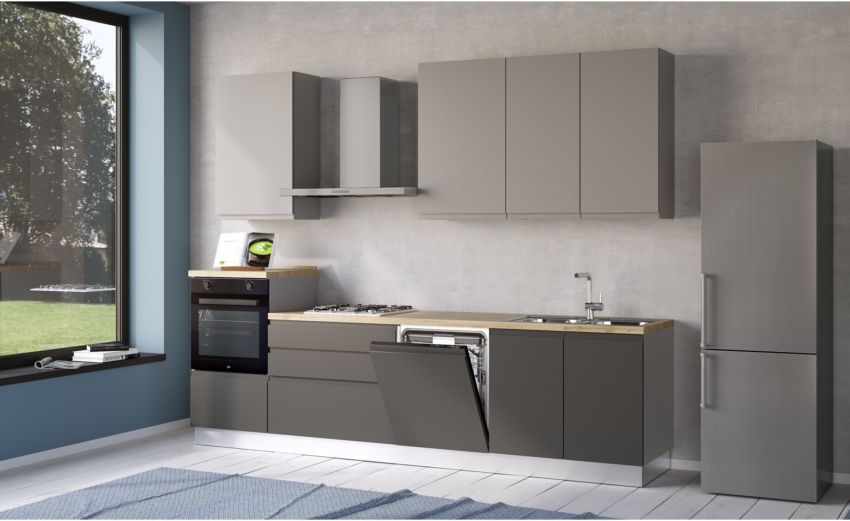Iris cucina 300 cm colore grigio scuro e grigio chiaro con lavastoviglie-3 elettrodomestici--Melaminico
