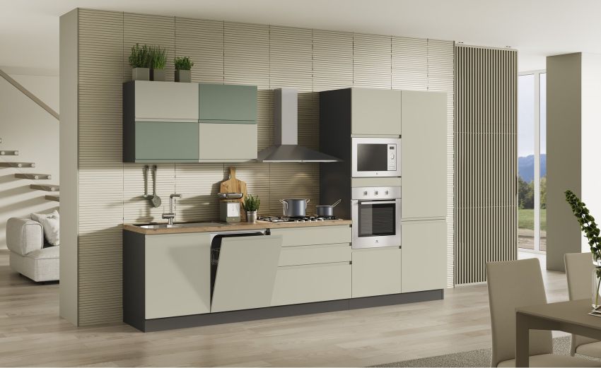 Clea cucina 330 cm colore grigio sasso e verde salvia-5 elettrodomestici-Grigio-Melaminico-216 cmx330 cm Clea cucina 330 cm colore grigio sasso e verde salvia-5 elettrodomestici-Grigio-Melaminico-216 cmx330 cm