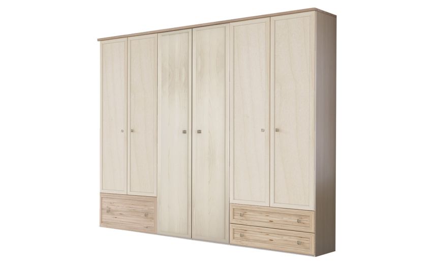 Susy armadio 6 ante battenti cassettone a sinistra betulla-In pannello ecologico certificato-Legno naturale-Pannello ecologico-241 cmx258 cm