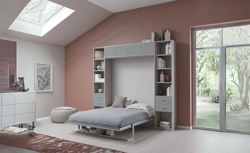 Cabrio letto a scomparsa colore tiglio e alluminio laccato con ante-L272xH242-Legno naturale-Pannello-Matrimoniale