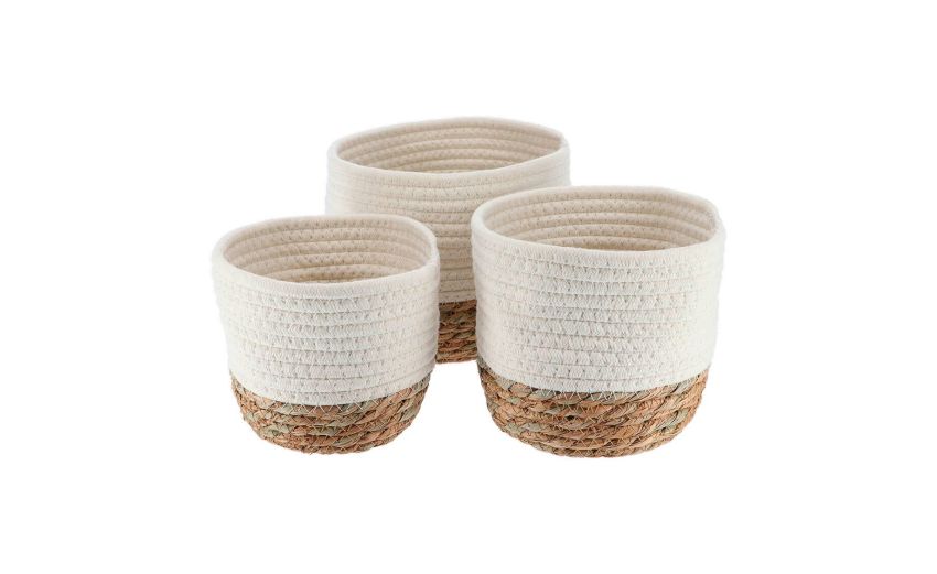 Tondo cesta in vimini e cotone bianco Ø15x12cm - -Bianco-Fibra naturale