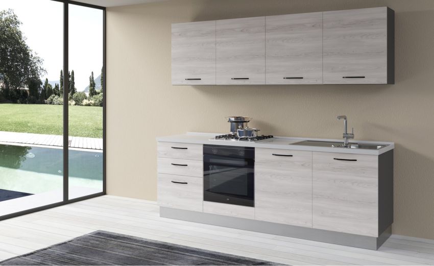 Gilda cucina 240 cm colore frassino ghiaccio-2 elettrodomestici --Pannello-216 cmx240 cm