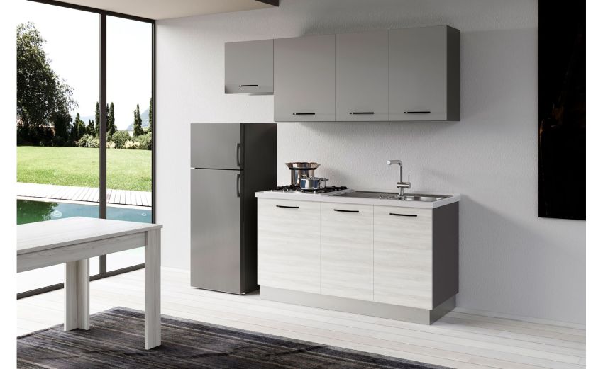Gilda cucina 210 cm colore frassino ghiaccio e light grey -2 elettrodomestici-Legno bianco-Pannello