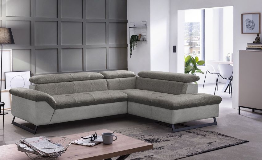 Tiago divano angolare in tessuto grigio e argento-Panchetta relax estraibile e contenitore-Grigio-Tessuto-180 x 125 cm Tiago divano angolare in tessuto grigio e argento-Panchetta relax estraibile e contenitore-Grigio-Tessuto-180 x 125 cm