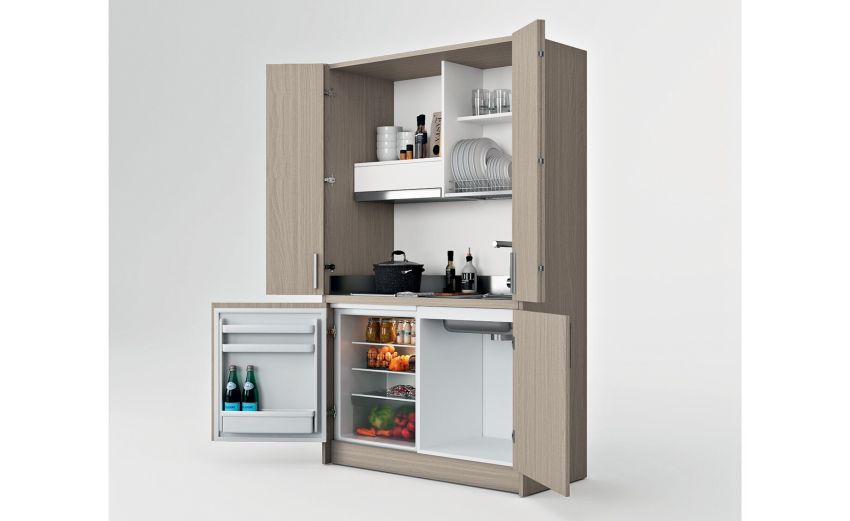 Cabrio cucina a scomparsa olmo con frigo-Monoblocco con piano cottura a induzione e cappa - misura L.125 x P.62 x H.208 cm-Legno chiaro-Pannello ecologico-208 cmx125 cm