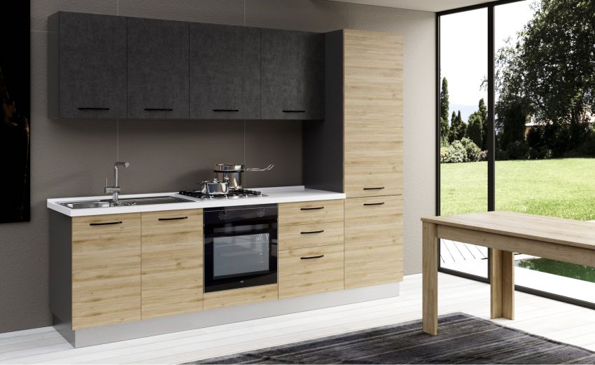Gilda cucina 270 cm colore rovere cadiz e cemento scuro -3 elettrodomestici