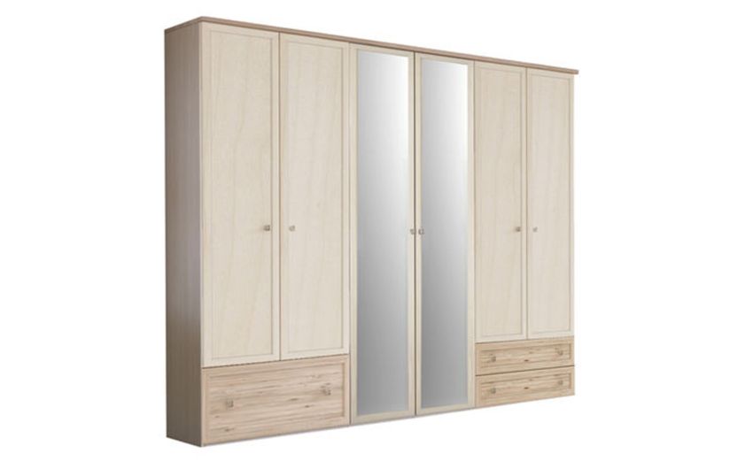 Susy armadio 6 ante battenti cassettone a destra betulla con specchi-In pannello ecologico certificato-Legno naturale-Pannello ecologico-241 cmx258 cm Susy armadio 6 ante battenti cassettone a destra betulla con specchi-In pannello ecologico certificato-Legno naturale-Pannello ecologico-241 cmx258 cm