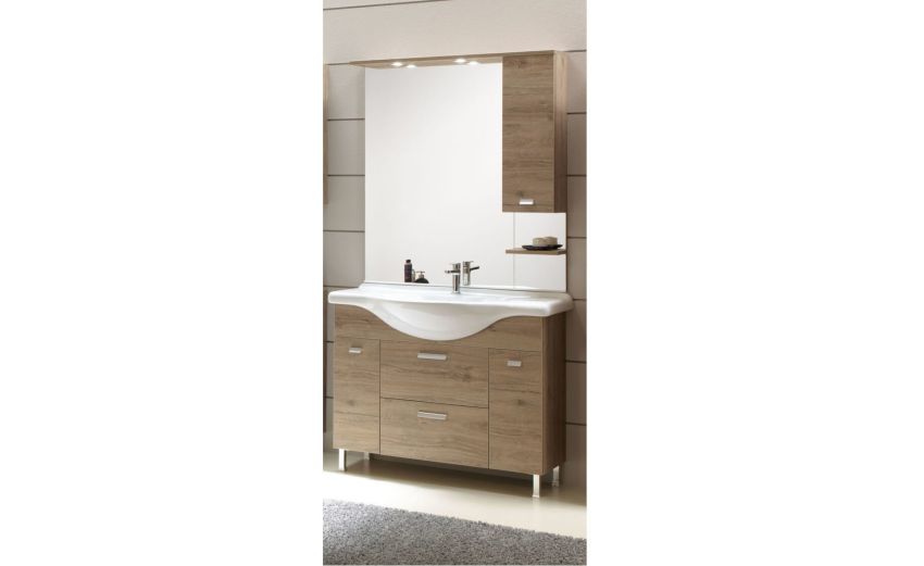 Ever 105 base con lavabo colore rovere nabucco-specchiera e pensile a destra-Legno scuro-Pannello-195 cmx105 cm Ever 105 base con lavabo colore rovere nabucco-specchiera e pensile a destra-Legno scuro-Pannello-195 cmx105 cm
