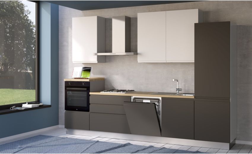 Iris cucina 330 cm colore grigio scuro e bianco opaco con lavastoviglie-4 elettrodomestici--Melaminico