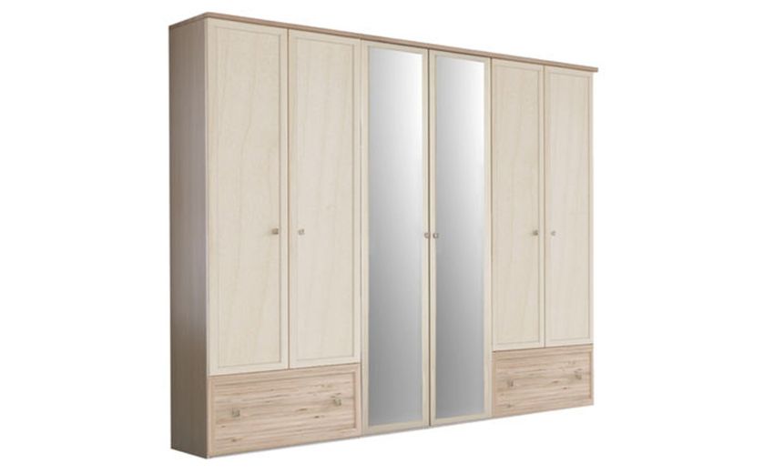 Susy armadio 6 ante battenti e 2 cassetti betulla con specchio-In pannello ecologico certificato-Legno naturale-Pannello ecologico-241 cmx258 cm Susy armadio 6 ante battenti e 2 cassetti betulla con specchio-In pannello ecologico certificato-Legno naturale-Pannello ecologico-241 cmx258 cm