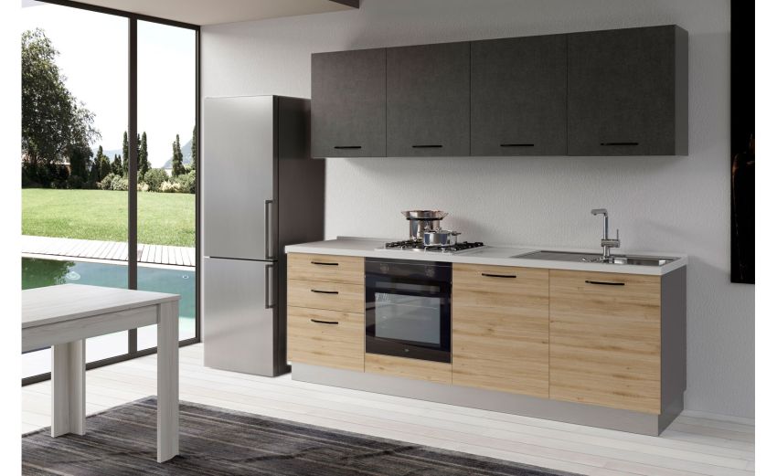 Gilda cucia 300 cm colore rovere cadiz e portland -3 elettrodomestici-Pietra scura-Pannello Gilda cucia 300 cm colore rovere cadiz e portland -3 elettrodomestici-Pietra scura-Pannello