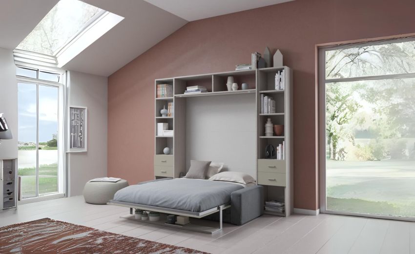 Cabrio letto a scomparsa con divano e mensola colore tiglio e corda-L272xH242-Legno naturale-Pannello-Matrimoniale Cabrio letto a scomparsa con divano e mensola colore tiglio e corda-L272xH242-Legno naturale-Pannello-Matrimoniale