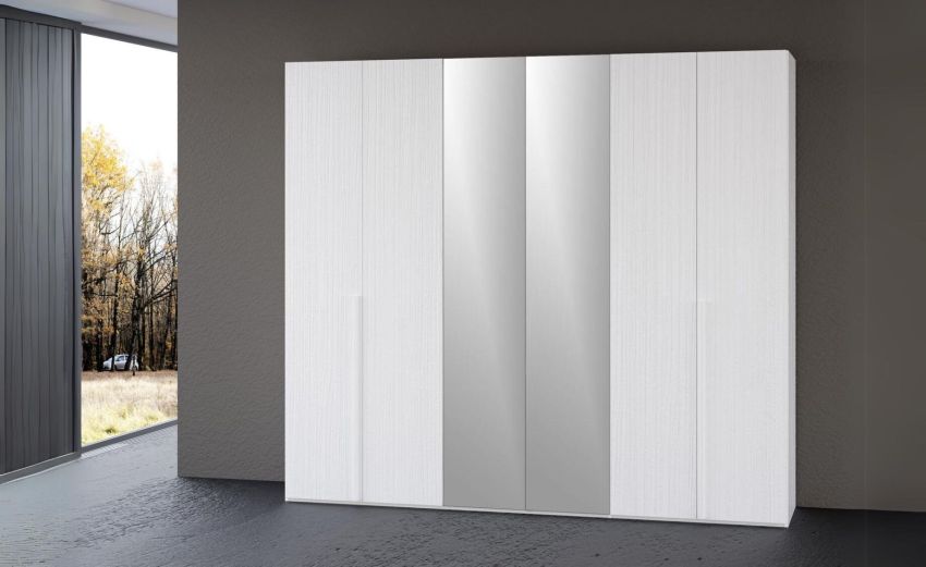 Mia armadio 6 ante battenti bianco frassino con specchi-In pannello nobilitato decorativo -Bianco-Nobilitato-238 cmx240 cm