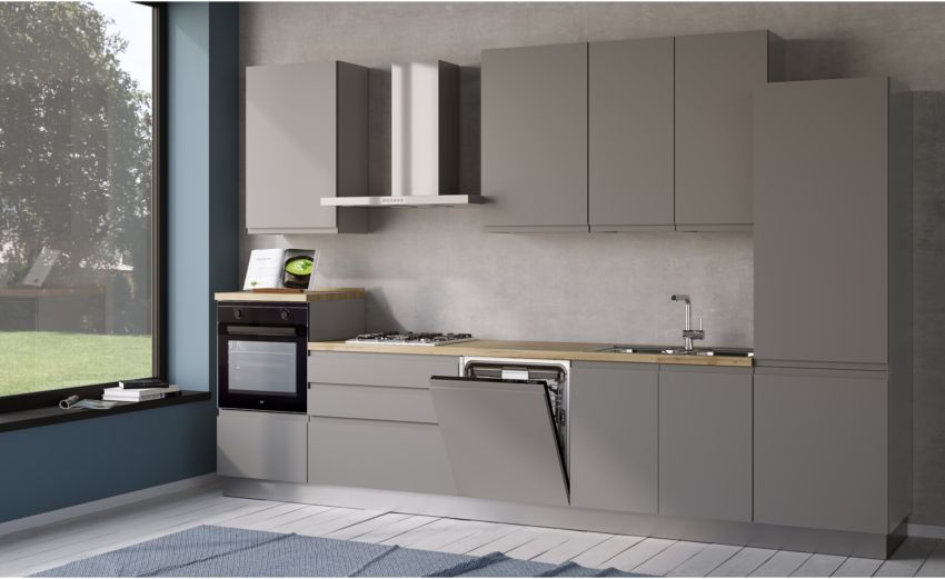Iris cucina 360 cm colore grigio chiaro  con lavastoviglie-4 elettrodomestici--Melaminico