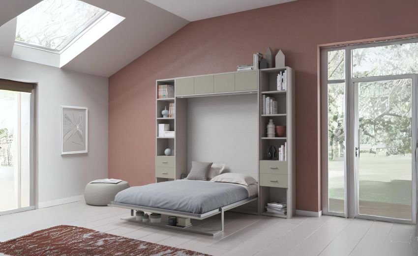 Cabrio letto a scomparsa colore tiglio e corda con ante-L272xH242-Legno scuro-Pannello-Matrimoniale Cabrio letto a scomparsa colore tiglio e corda con ante-L272xH242-Legno scuro-Pannello-Matrimoniale