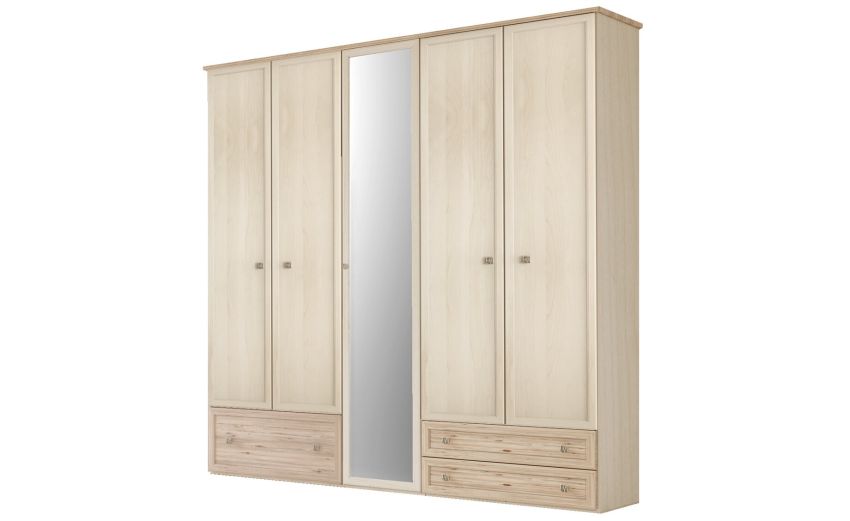 Susy armadio 5 ante battenti cassettone a sinistra con specchio-In pannello ecologico certificato-Legno naturale-Pannello ecologico-241 cmx216 cm Susy armadio 5 ante battenti cassettone a sinistra con specchio-In pannello ecologico certificato-Legno naturale-Pannello ecologico-241 cmx216 cm