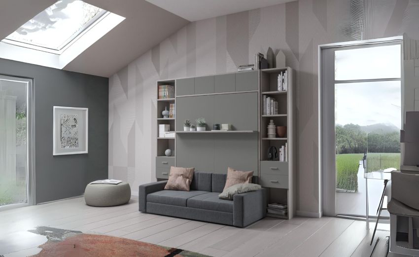 Cabrio letto a scomparsa con divano e mensola colore tiglio e alluminio laccato-L272xH242-Bianco-Pannello-Matrimoniale