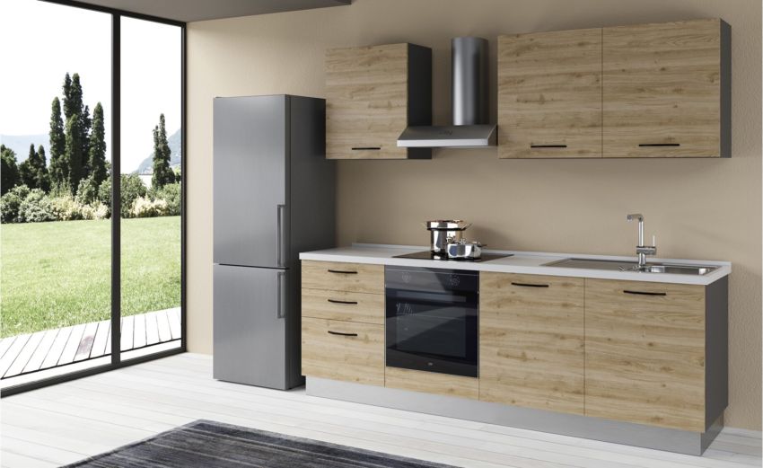 Gilda 2.0 cucina 300 cm colore rovere cadiz -3 elettrodomestici
