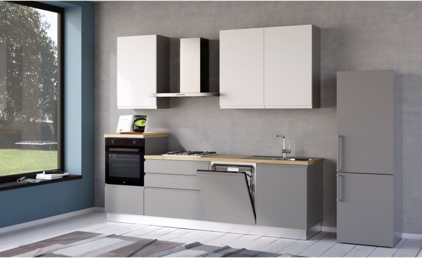 Iris cucina 270 cm colore grigio chiaro e bianco opaco con lavastoviglie-3 elettrodomestici --Melaminico