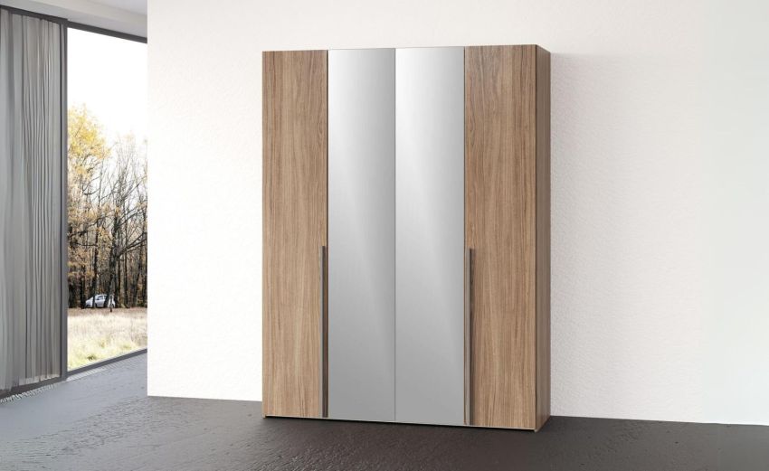 Mia armadio 4 ante battenti noce biondo con specchi-In pannello nobilitato decorativo -Legno scuro-Nobilitato-238 cmx161 cm