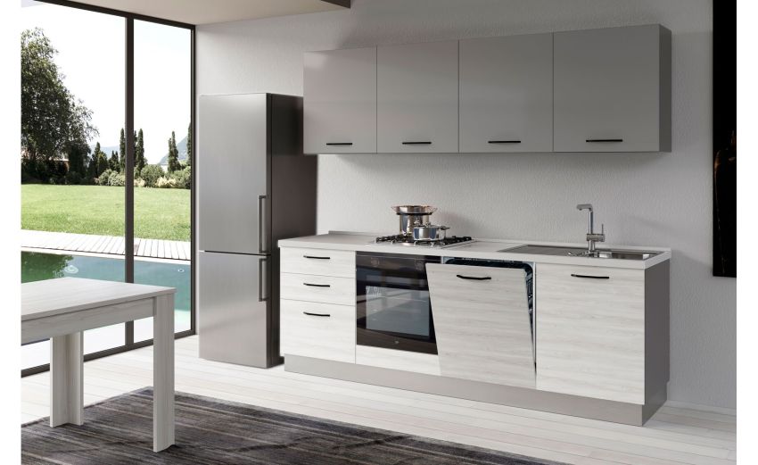 Gilda cucina 300 cm colore frassino ghiaccio e light grey -4 elettrodomestici