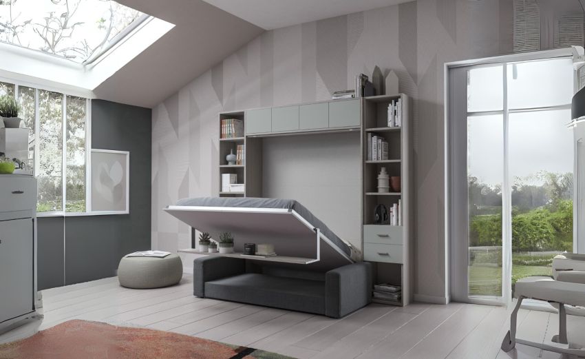 Cabrio letto a scomparsa con divano e mensola colore tiglio e grigio light-L272xH242-Grigio-Pannello-Matrimoniale