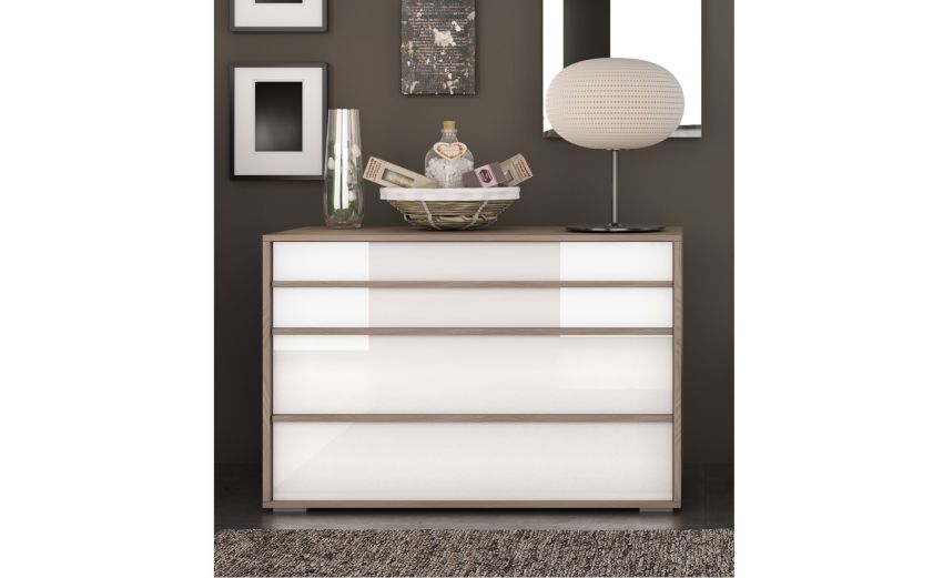 Lorena comò 3 cassetti olmo e bianco lucido-In pannello ecologico certificato-Bianco-Pannello ecologico-76 cmx112 cm
