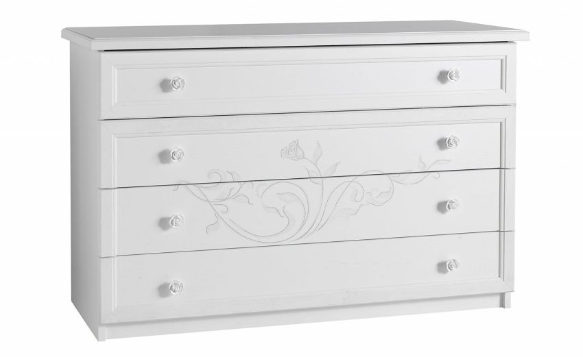 Lucrezia como&#039; 4 cassetti bianco con serigrafia-In pannello ecologico certificato-Legno naturale-Pannello ecologico-81 cmx120 cm
