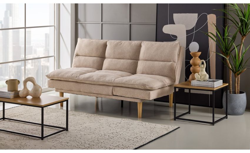 Soft divano letto in tessuto beige-Con meccanismo clic-clac-Beige-Tessuto-87 cmx168 cm