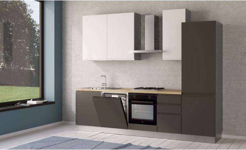 Iris cucina 285 cm colore grigio scuro e bianco opaco con lavastoviglie-4 elettrodomestici--Melaminico