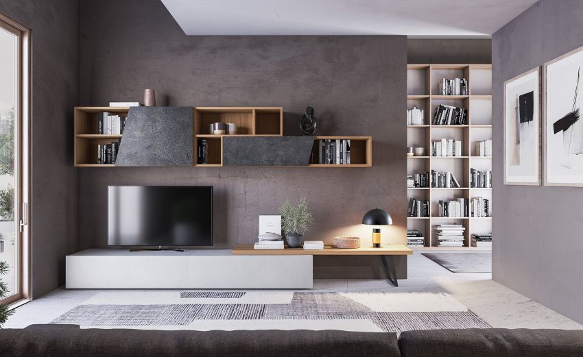 Time soggiorno spatolato chiaro e noce cognac--Grigio chiaro-Pannello-195 cmx345 cm