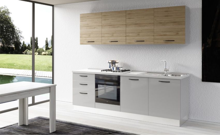 Gilda cucina 240 cm colore light grey e rovere cadiz-2 elettrodomestici-Grigio chiaro-Pannello Gilda cucina 240 cm colore light grey e rovere cadiz-2 elettrodomestici-Grigio chiaro-Pannello
